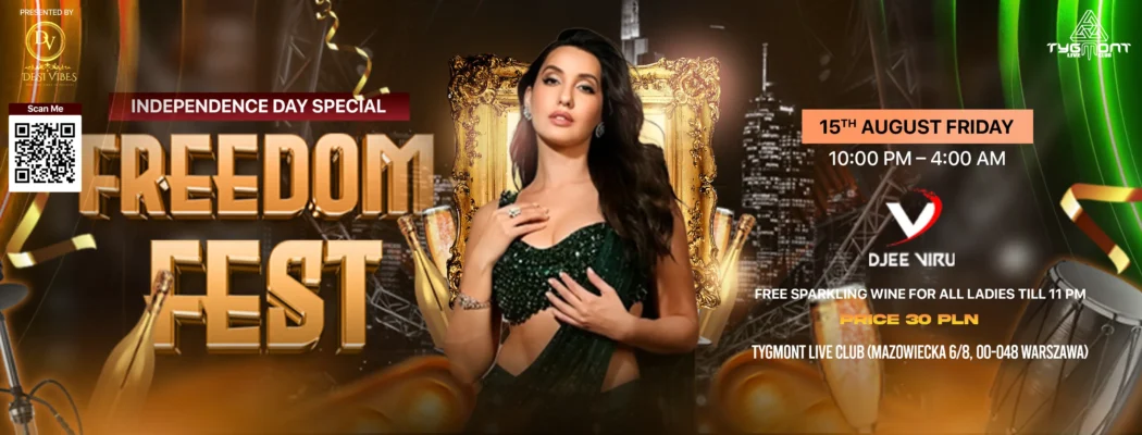 Plakat: FREEDOM FEST Bollywood Party Independence – Warsaw Desi Party, Tygmont, 15.08.2025